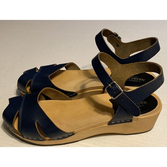 Swedish Hasbeens Peep Toe Clogs Sandals Women's Sz 39 Leather 8.5/9 Navy Blue - Picture 1 of 16